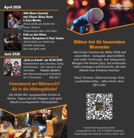Programmflyer April bis Juni 2026 | © food hotel Neuwied Programmflyer April bis Juni 2026 | © food hotel Neuwied