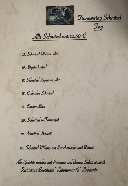Schnitzelkarte | © Bootshaus Lahnromantik Schnitzelkarte | © Bootshaus Lahnromantik